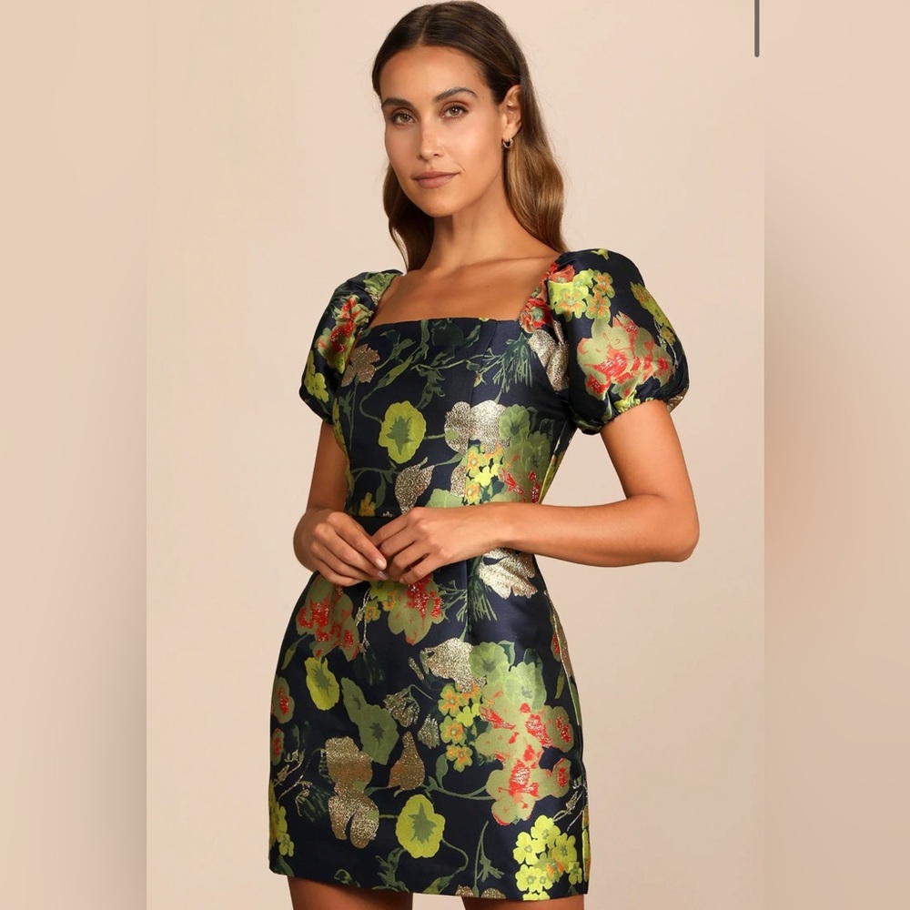 LULUS — So Stunning Navy Blue Floral Jacquard Puff Sleeve Mini Dress